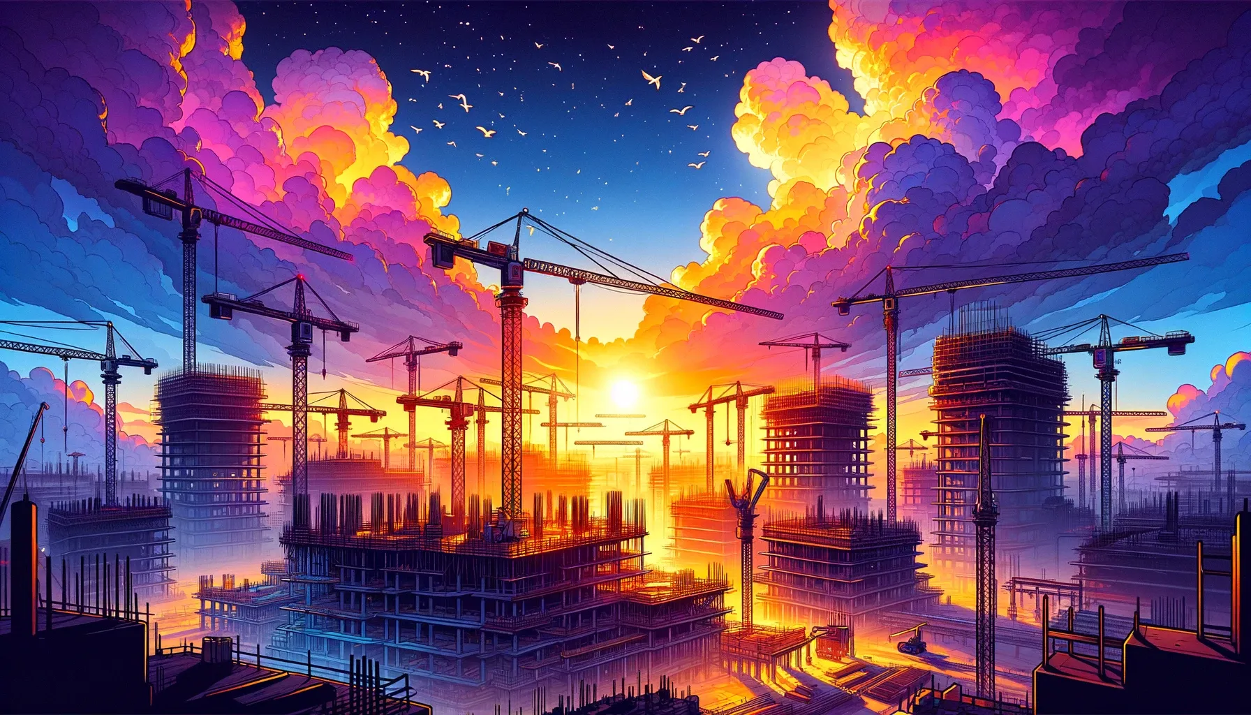 ChatGPT Generated image with the following prompt: banner-width illustration of a sunrise over a construction site, portrayed in a more exaggerated and vibrant animated style