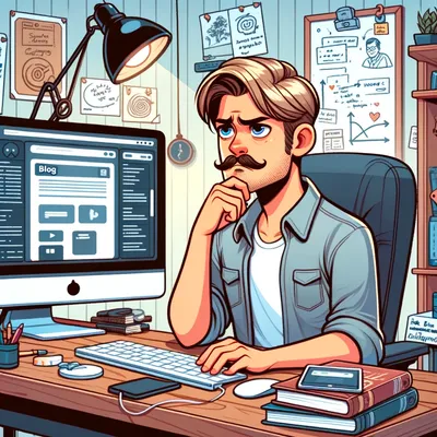 ChatGPT Generated image with the following prompt: animated style illustration a software engineer with short blonde hair and a mustache, in a workspace. You can see the slightly conflicted and dissatisfied expression as you write your blog, surrounded by notes and sketches of various blog designs.