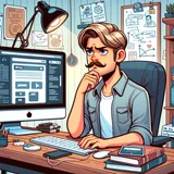 Illustration of a software engineer with short blond hair and a mustache at a cluttered desk, looking conflicted while sketching blog designs.